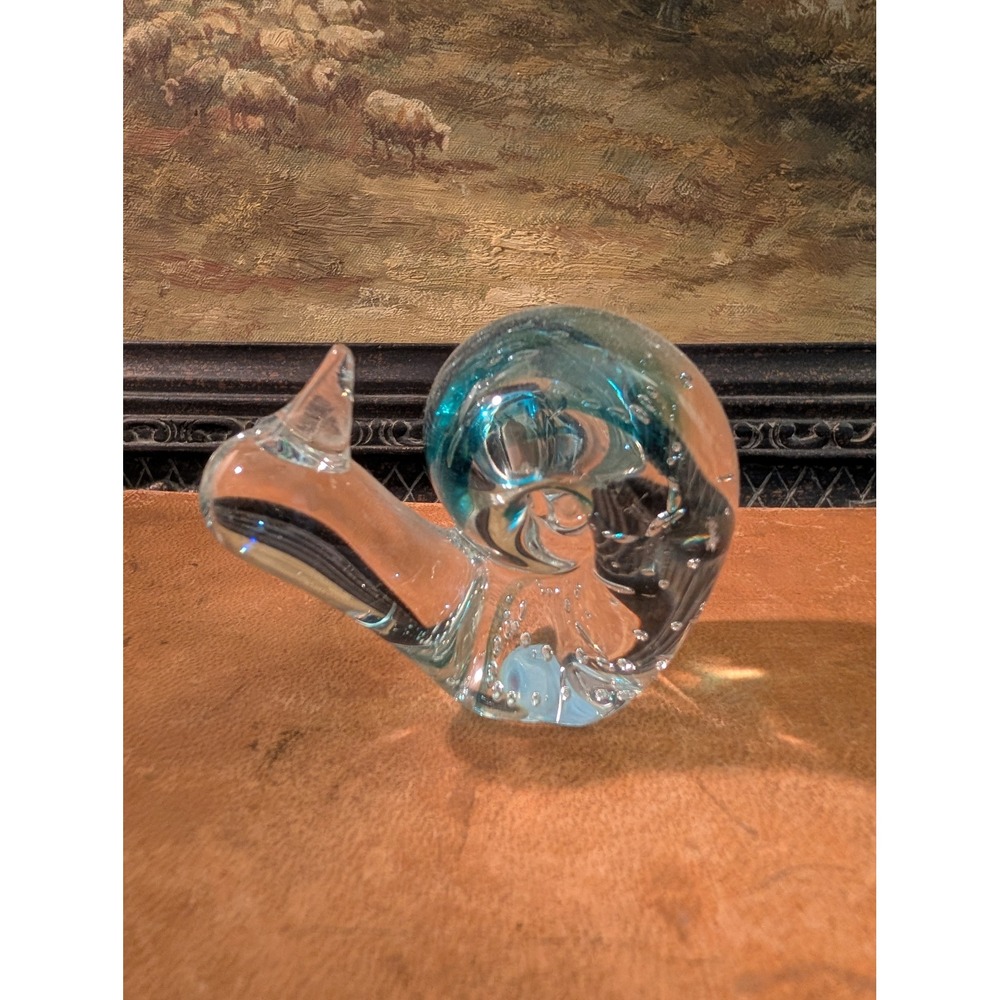 Vintage Murano Style Art Glass Snail Figurine Teal Blue Controlled Bubble 3"